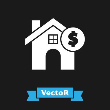 Siyah arka planda dolar sembolü olan Beyaz Saray. Ev ve para. Emlak konsepti. Vektör İllüstrasyonu