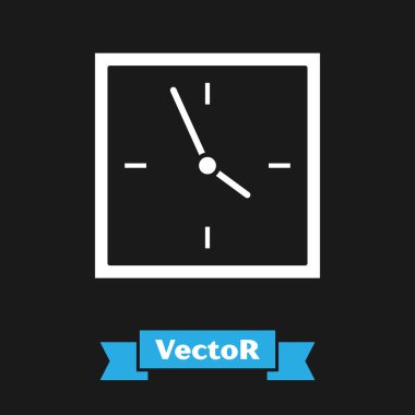 Siyah arkaplanda beyaz saat simgesi izole edildi. Zaman sembolü. Vektör İllüstrasyonu