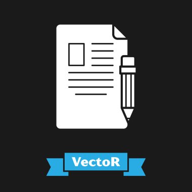 Siyah zemin üzerinde silgi simgesi olan beyaz sınav kağıdı ve kalem. Sınav kağıdı, sınav ya da araştırma konsepti. Sınav ya da sınav. Vektör İllüstrasyonu