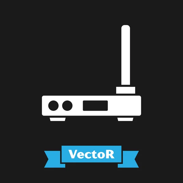 Weißer Router und Symbol für das WLAN-Signal isoliert auf schwarzem Hintergrund. drahtloser Ethernet-Modem-Router. Computertechnologie Internet. Vektorillustration — Stockvektor