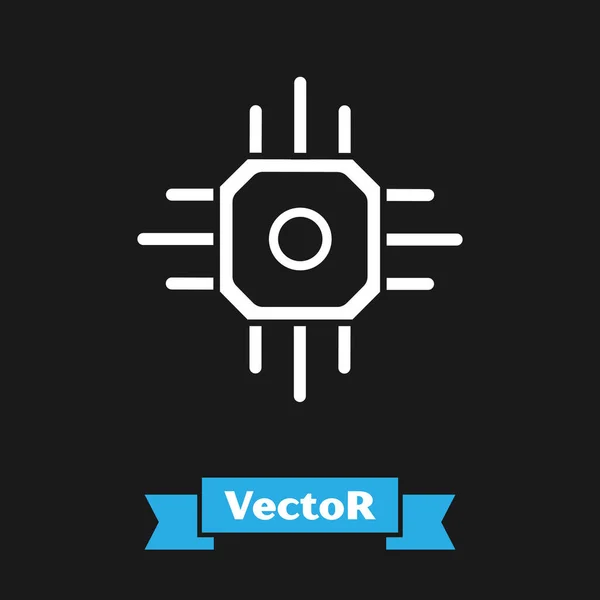 Icono del procesador blanco aislado sobre fondo negro. CPU, unidad central de procesamiento, microchip, microcircuito, procesador de computadoras, chip. Ilustración vectorial — Vector de stock