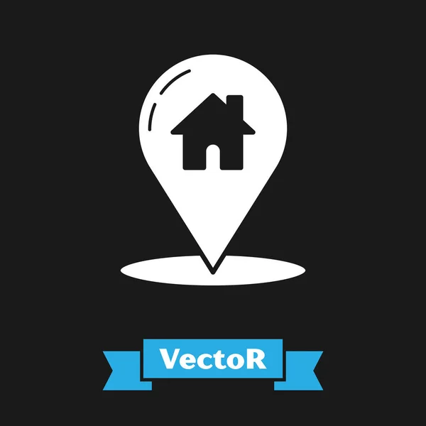Weißer Kartenzeiger mit Haussymbol auf schwarzem Hintergrund. Markierungssymbol für den Wohnort. Vektorillustration — Stockvektor