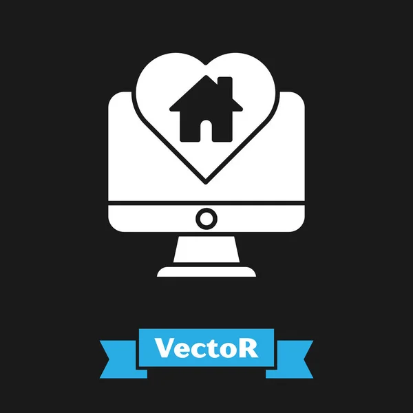 Moniteur d'ordinateur blanc avec maison en forme de coeur icône isolée sur fond noir. Symbole d'amour. Famille, immobilier et immobilier. Illustration vectorielle — Image vectorielle