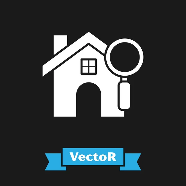 White Search Haus Symbol isoliert auf schwarzem Hintergrund. Immobilien-Symbol eines Hauses unter der Lupe. Vektorillustration — Stockvektor