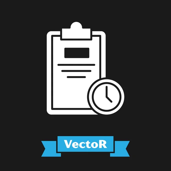 黒の背景に隔離された時計のアイコンを持つホワイト試験シート。テストペーパー、試験、または調査の概念。学校試験または試験。ベクターイラスト — ストックベクタ