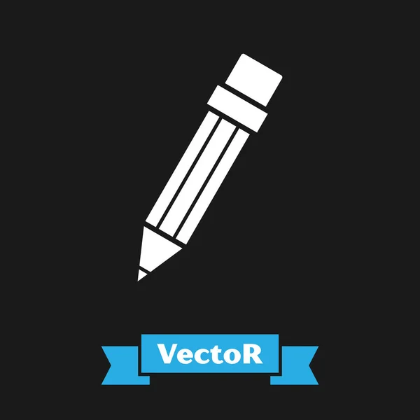 Weißer Bleistift mit Radiergummi-Symbol auf schwarzem Hintergrund. Zeichen- und Erziehungswerkzeuge. Schulamtssymbol. Vektorillustration — Stockvektor