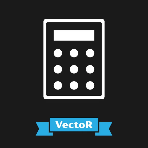 Witte Calculator pictogram geïsoleerd op zwarte achtergrond. Boekhoudkundig symbool. Bedrijfsberekeningen wiskunde onderwijs en financiën. Vector Illustratie — Stockvector