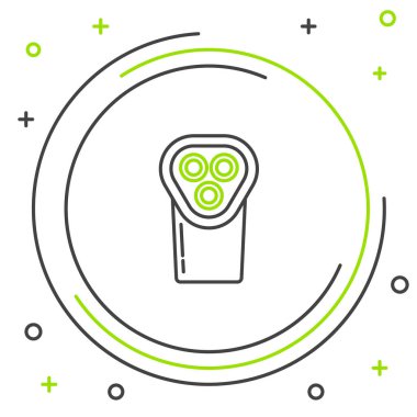 Beyaz arka planda siyah ve yeşil çizgi elektrikli saç kırpıcı ya da traş ikonu var. Berber dükkanı sembolü. Renkli taslak konsepti. Vektör İllüstrasyonu