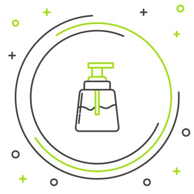 Beyaz arkaplanda siyah ve yeşil çizgili tıraş losyonu ikonu var. Parfüm spreyi ikonu. Erkek parfüm şişesi. Renkli taslak konsepti. Vektör İllüstrasyonu