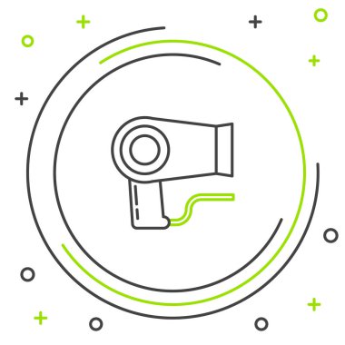 Siyah ve yeşil çizgi saç kurutma ikonu beyaz arkaplanda izole edilmiş. Saç kurutma makinesi tabelası. Saç kurutma sembolü. Sıcak hava üflüyor. Renkli taslak konsepti. Vektör İllüstrasyonu