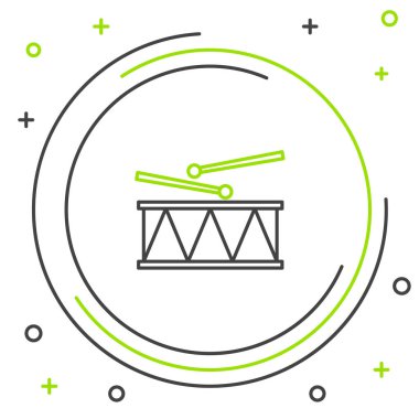 Beyaz zemin üzerinde siyah ve yeşil çizgi müzik aleti davul ve but çubukları ikonu izole. Renkli taslak konsepti. Vektör İllüstrasyonu