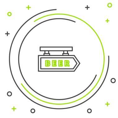 Beyaz arka planda siyah ve yeşil çizgi sokak tabelasında bira simgesi var. Reklamlar için uygun bar, kafe, bar, restoran. Renkli taslak konsepti. Vektör İllüstrasyonu