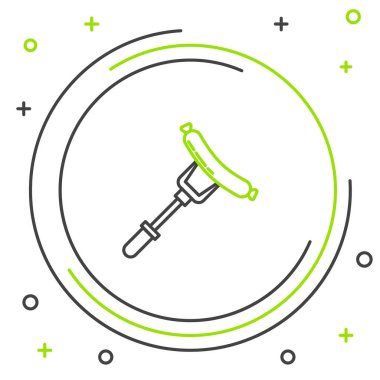 Çatal simgesindeki siyah ve yeşil çizgili sosis beyaz arkaplanda izole edilmiş. Izgara sosis ve aroma işareti. Renkli taslak konsepti. Vektör İllüstrasyonu