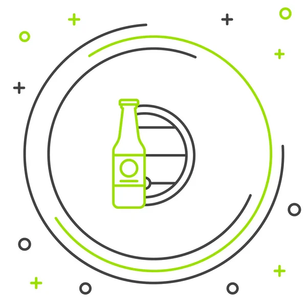 Línea negra y verde Botella de cerveza e icono de barril de madera aislados sobre fondo blanco. Concepto de esquema colorido. Ilustración vectorial — Archivo Imágenes Vectoriales