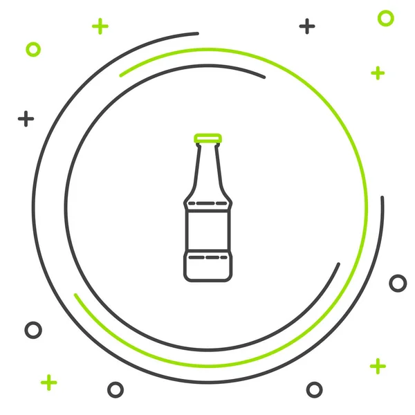 Línea negra y verde Icono de la botella de cerveza aislado sobre fondo blanco. Concepto de esquema colorido. Ilustración vectorial — Archivo Imágenes Vectoriales