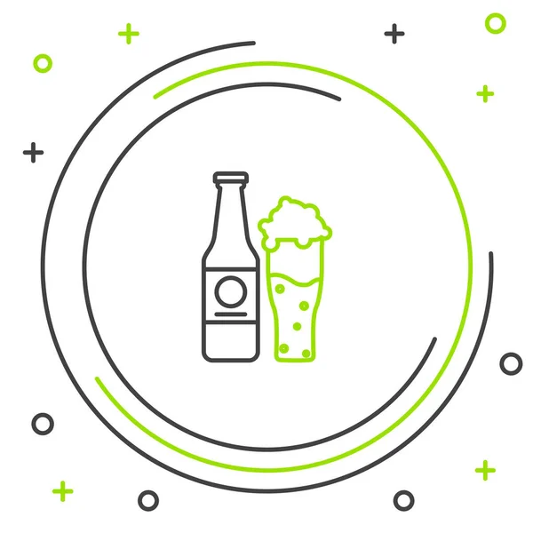 Черная и зеленая линия Пивная бутылка и стеклянная икона изолированы на белом фоне. Символ алкоголя. Красочная концепция контура. Векторная миграция — стоковый вектор