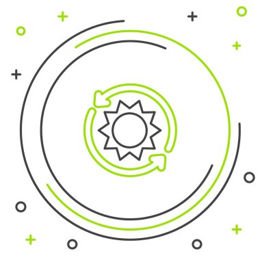 Siyah ve yeşil çizgi güneş enerjisi simgesi beyaz arkaplanda izole edildi. Yıldırım sembollü güneş. Renkli taslak konsepti. Vektör İllüstrasyonu