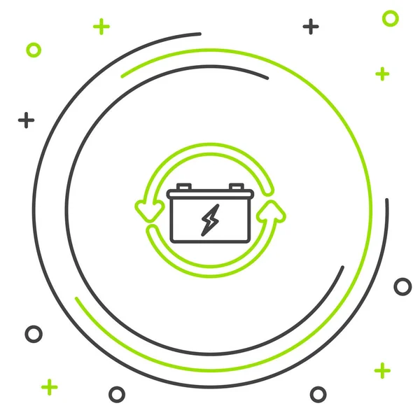 Linea nera e verde Batteria con icona linea simbolo riciclo isolata su sfondo bianco. Batteria con simbolo di riciclaggio - concetto di energia rinnovabile. Concetto di contorno colorato. Illustrazione vettoriale — Vettoriale Stock