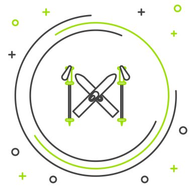 Siyah ve yeşil çizgi kayak ve çubuk simgesi beyaz arkaplanda izole edildi. Olağanüstü bir spor. Kayak ekipmanları. Kış sporları ikonu. Renkli taslak konsepti. Vektör İllüstrasyonu