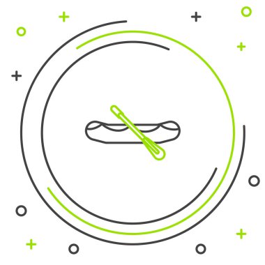 Siyah ve yeşil çizgili Rafting tekne simgesi beyaz arka planda izole edildi. Kürekleri olan şişme bir tekne. Su sporları, ekstrem sporlar, tatil, tatil. Renkli taslak konsepti. Vektör İllüstrasyonu