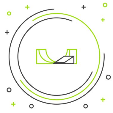 Siyah ve yeşil çizgi kaykay parkı ikonu beyaz arkaplanda izole edildi. Rampa seti, paten parkı için merdiven. Olağanüstü bir spor. Renkli taslak konsepti. Vektör İllüstrasyonu