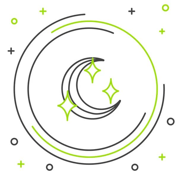 Línea negra y verde Icono de luna y estrellas aislado sobre fondo blanco. Concepto de esquema colorido. Ilustración vectorial — Archivo Imágenes Vectoriales