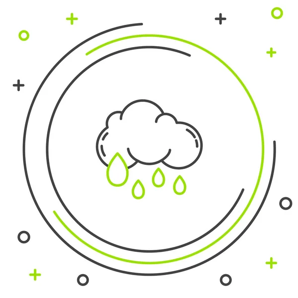 Черная и зеленая линия Облако с иконкой дождя изолированы на белом фоне. Осадки дождевых облаков с капельками дождя. Красочная концепция контура. Векторная миграция — стоковый вектор