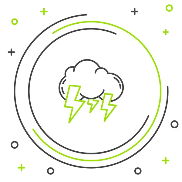 Línea negra y verde Icono de tormenta aislado sobre fondo blanco. Nube y relámpago. Icono del tiempo de tormenta. Concepto de esquema colorido. Ilustración vectorial — Archivo Imágenes Vectoriales