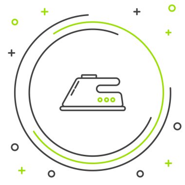 Beyaz zemin üzerinde siyah ve yeşil çizgili elektrikli demir ikonu izole edildi. Buhar ütüsü. Renkli taslak konsepti. Vektör İllüstrasyonu