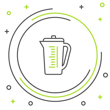 Beyaz zemin üzerinde izole edilmiş kuru ve sıvı yiyecek ikonunu ölçmek için siyah ve yeşil çizgi ölçme kabı. Plastik şişenin sapı var. Renkli taslak konsepti. Vektör İllüstrasyonu