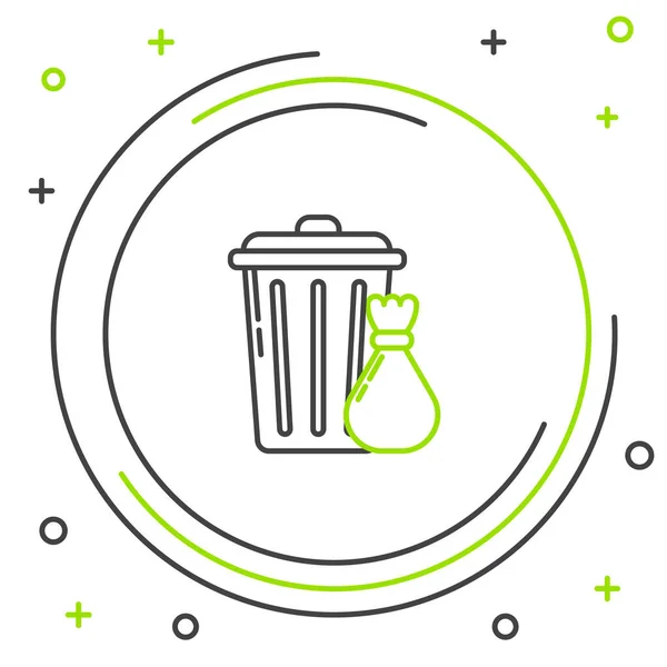 Black and green line Trash can and garbage bag icon isolated on white background. Garbage bin sign. Recycle basket icon. Office trash icon. Colorful outline concept. Vector Illustration — ストックベクタ