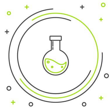 Beyaz zemin üzerinde iksir ikonu olan siyah ve yeşil çizgi şişesi. Sihirli iksirli matara. Mutlu Cadılar Bayramı Partisi. Renkli taslak konsepti. Vektör İllüstrasyonu