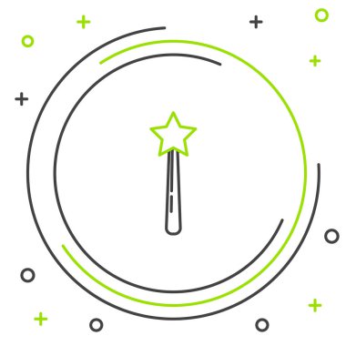 Siyah ve yeşil çizgi sihirli değnek simgesi beyaz arkaplanda izole edildi. Yıldız şeklinde sihirli aksesuar. Sihirli güç. Renkli taslak konsepti. Vektör İllüstrasyonu