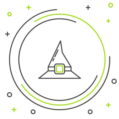 Siyah ve yeşil çizgi cadı şapkası simgesi beyaz arkaplanda izole edildi. Mutlu Cadılar Bayramı Partisi. Renkli taslak konsepti. Vektör İllüstrasyonu