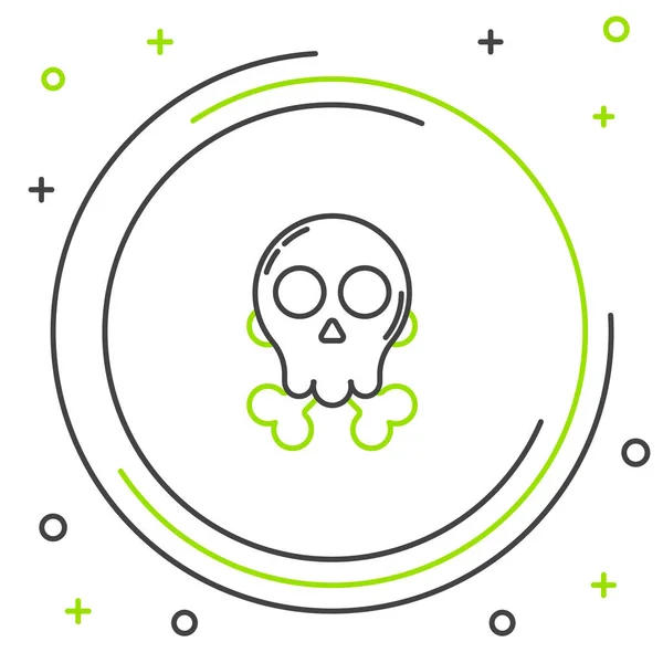 Schwarze und grüne Linie Schädel auf Kreuzknochen Symbol isoliert auf weißem Hintergrund. fröhliche Halloween-Party. Buntes Rahmenkonzept. Vektorillustration — Stockvektor