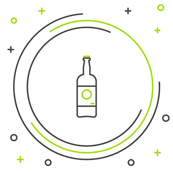 Línea negra y verde Icono de la botella de cerveza aislado sobre fondo blanco. Concepto de esquema colorido. Ilustración vectorial — Archivo Imágenes Vectoriales