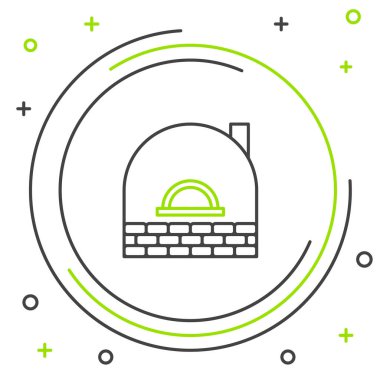 Beyaz zemin üzerinde siyah ve yeşil çizgi Brick soba ikonu izole. Tuğla şömine, taş ocağı, taş fırın ikonu. Renkli taslak konsepti. Vektör İllüstrasyonu