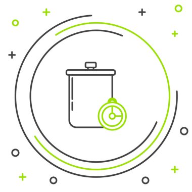 Siyah ve yeşil çizgili yemek pişirme kabı ve mutfak zamanlayıcısı beyaz arka planda izole edilmiş. Haşlama ya da güveç besin sembolü. Renkli taslak konsepti. Vektör İllüstrasyonu