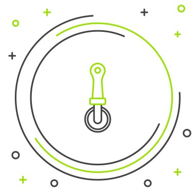 Siyah ve yeşil çizgili pizza bıçağı ikonu beyaz arka planda izole edilmiş. Pizza kesme tabelası. Çelik mutfak gereçleri. Renkli taslak konsepti. Vektör İllüstrasyonu