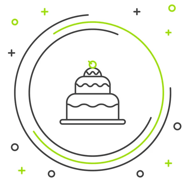 Черная и зеленая линия торт значок изолирован на белом фоне. С днем рождения. Красочная концепция контура. Векторная миграция — стоковый вектор