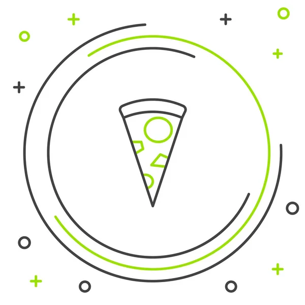 Línea negra y verde Icono de rebanada de pizza aislado sobre fondo blanco. Concepto de esquema colorido. Ilustración vectorial — Vector de stock