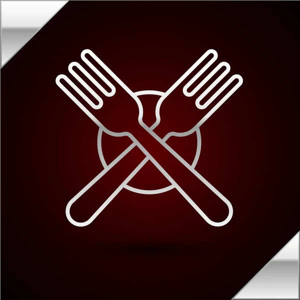 Silver line Crossed fork icon isolated on dark red background. Cutlery symbol. Vector Illustration — Stock Vector