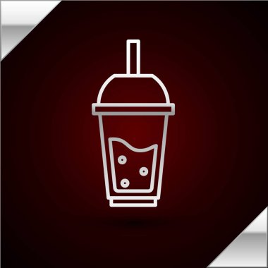 Gümüş çizgili bir bardak limonata ve koyu kırmızı arka planda izole edilmiş saman ikonu. Vektör İllüstrasyonu