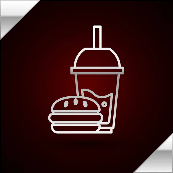 Plata línea de vidrio de papel con paja para beber y hamburguesa icono aislado sobre fondo rojo oscuro. Signo de bebida de soda aqua. Hamburguesa, sándwich de hamburguesa con queso. Ilustración vectorial — Vector de stock