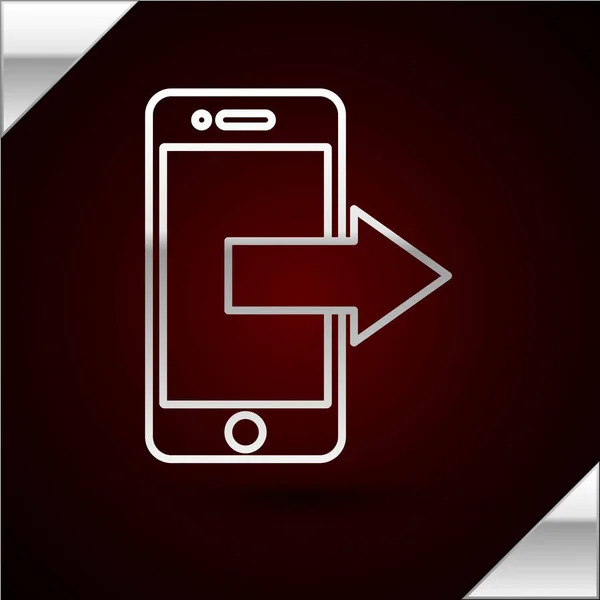 Silberne Linie Smartphone, Handy-Symbol isoliert auf dunkelrotem Hintergrund. Vektorillustration — Stockvektor