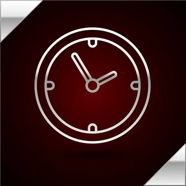 Icono del reloj de línea de plata aislado sobre fondo rojo oscuro. Símbolo de tiempo. Ilustración vectorial — Vector de stock