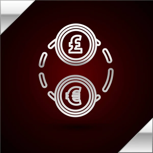 Línea de plata Icono de intercambio de dinero aislado sobre fondo rojo oscuro. Euro y Libra esterlina símbolo de transferencia de efectivo. Signo de moneda bancaria. Ilustración vectorial — Archivo Imágenes Vectoriales