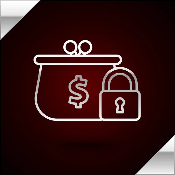 Stříbrná linka Zavřená peněženka s ikonou zámku na tmavočerveném pozadí. Zamčená peněženka. Bezpečnost, bezpečnost, koncepce ochrany. Koncept bezpečné platby. Vektorová ilustrace — Stockový vektor