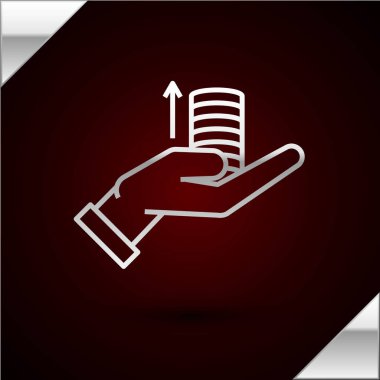 Gümüş çizgi Para el simgesi koyu kırmızı arka planda izole. Avuç içi kadar para ve ok var. Nakit maaş artışı. Yükselen fiyatlar. Vektör İllüstrasyonu