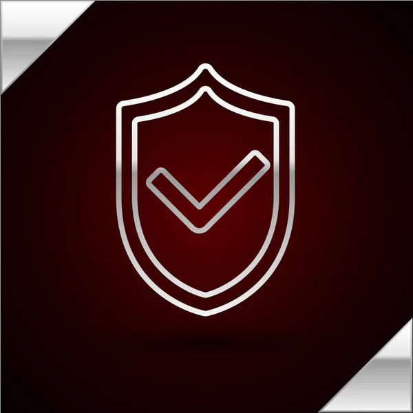 Escudo de línea de plata con icono de marca de verificación aislado sobre fondo rojo oscuro. Símbolo de protección Control de seguridad Icono. Marca el icono aprobado. Ilustración vectorial — Vector de stock